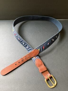 Lobster Bouy Mens Belt Size 38 Canvas Leather Blue Casual Preppy Office Travel